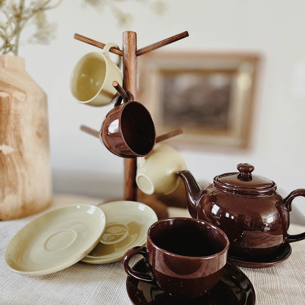 Vintage Ceramic Brown and Green Tea Set - Picture 2 of 9